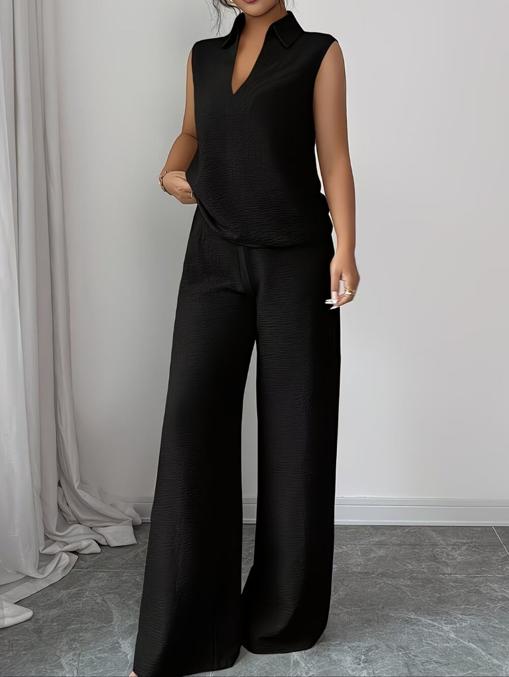 Sleeveless V-Neck Top And Wide Leg Pants Set- Burgundy - Picture 8 of 9